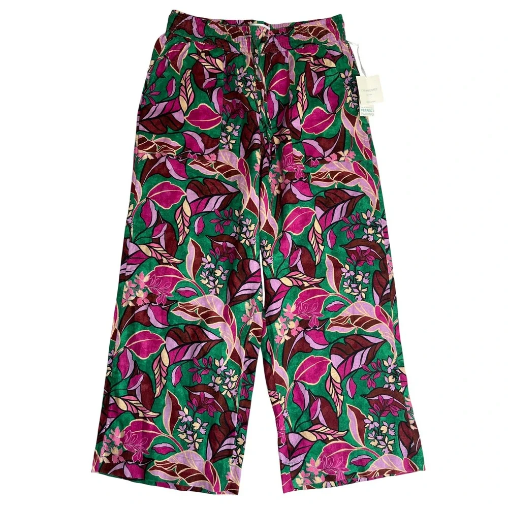 Cynthia Rowley Floral Tropical 100% Linen Wide Leg Bohemian Lightweight Pants M
